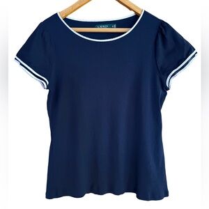 Lauren Ralph Lauren 109% Cotton Navy Blue Women's Top Size XL Flutter Cap Sleeve